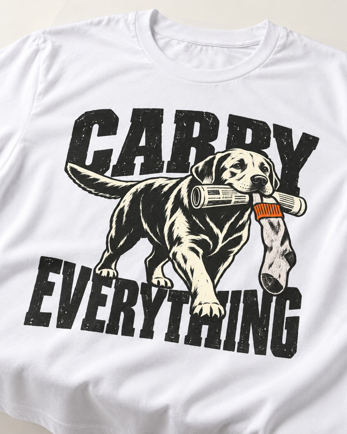 Carry Everything Labrador Retriever T-Shirt in White, close-up of the graphic