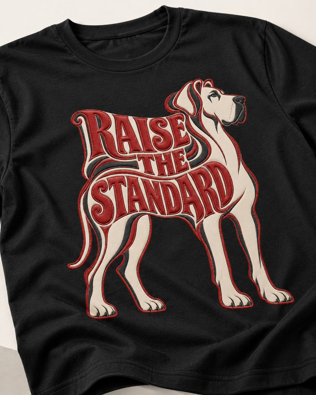 Great Dane Raise the Standard Typography Graphic T-Shirt in Black, close-up of the graphic