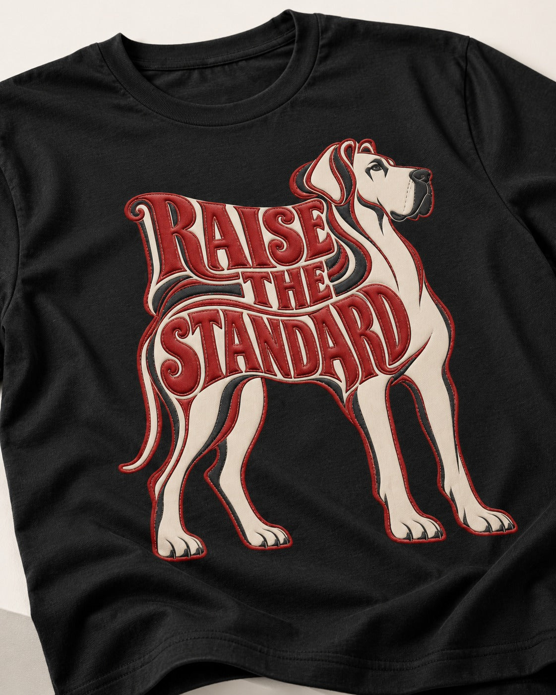 Great Dane Raise the Standard Typography Graphic T-Shirt in Black, close-up of the graphic