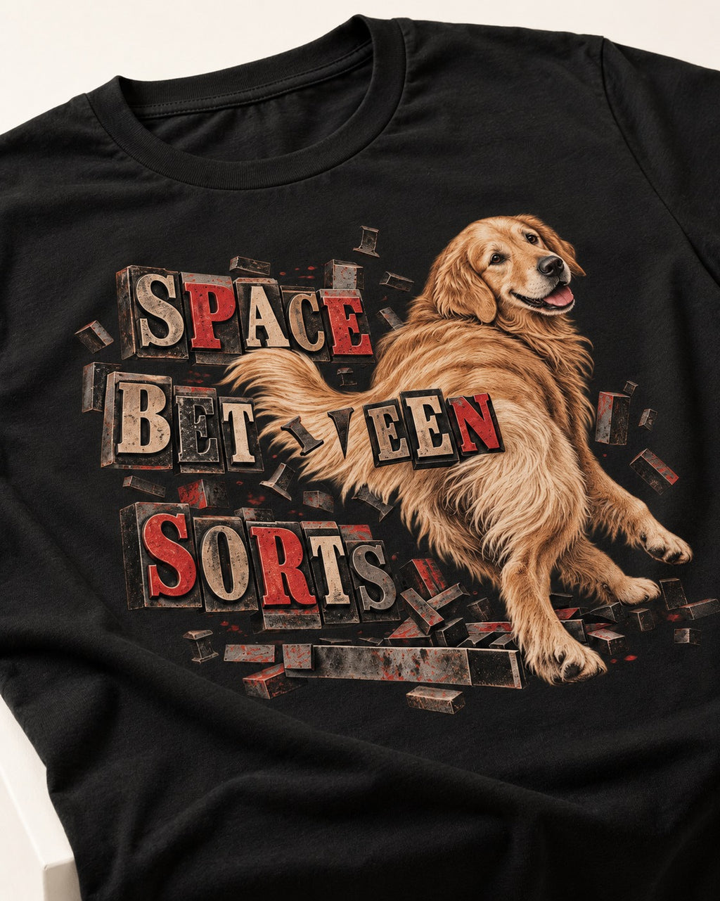 Golden Retriever Space Between Sorts Letterpress Graphic T-Shirt in Black, close-up of the graphic