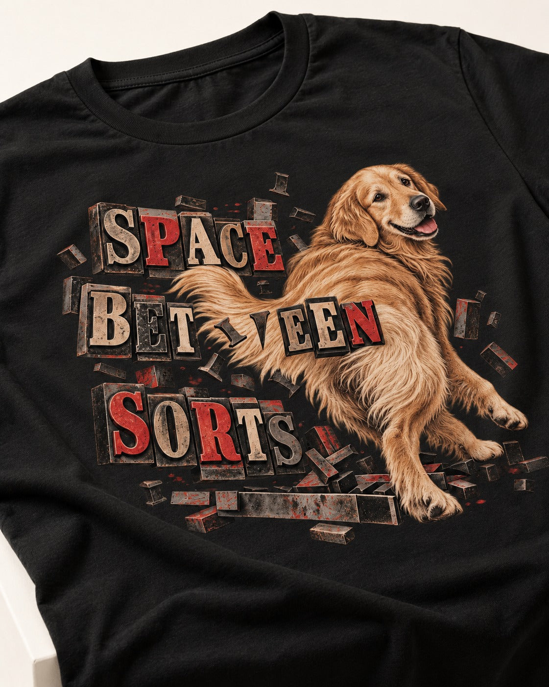 Golden Retriever Space Between Sorts Letterpress Graphic T-Shirt in Black, close-up of the graphic