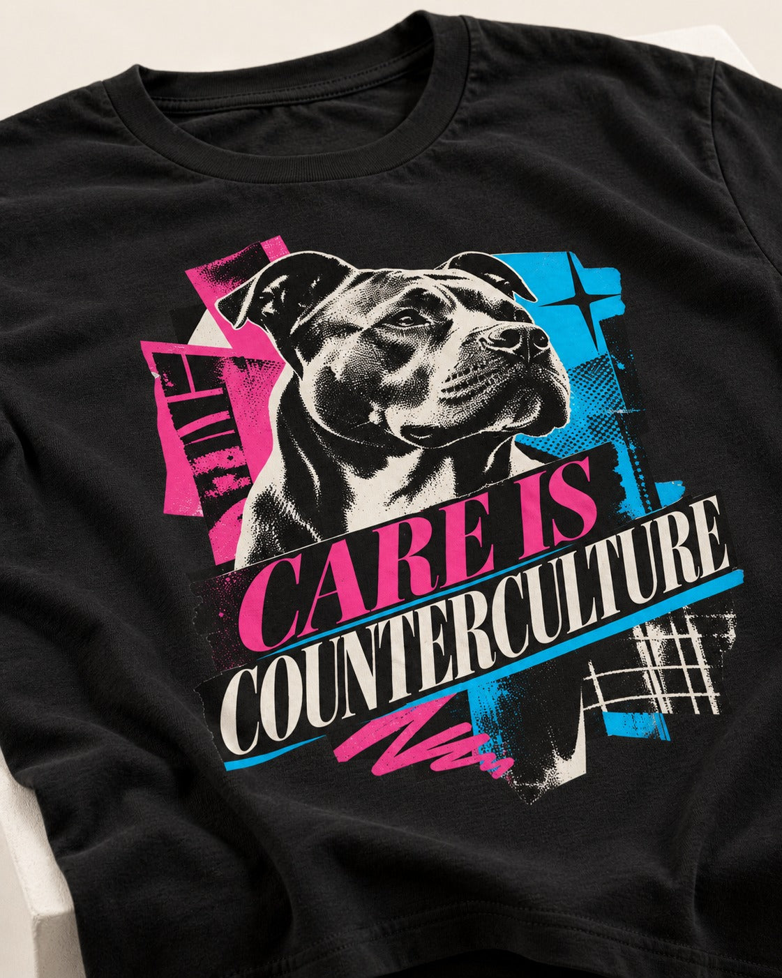 Pitbull Care Is Counterculture Neon Collage Portrait Graphic T-Shirt in Black, close-up of the graphic