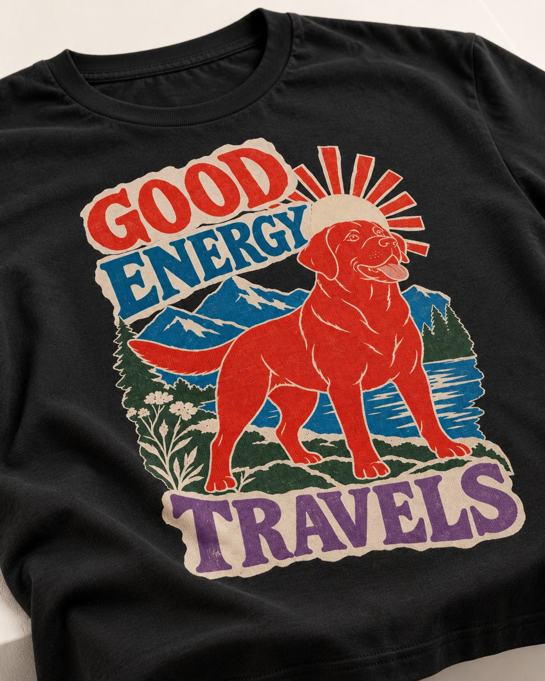 Labrador Retriever Good Energy Travels Adventure Graphic T-Shirt in Black, close-up of the graphic