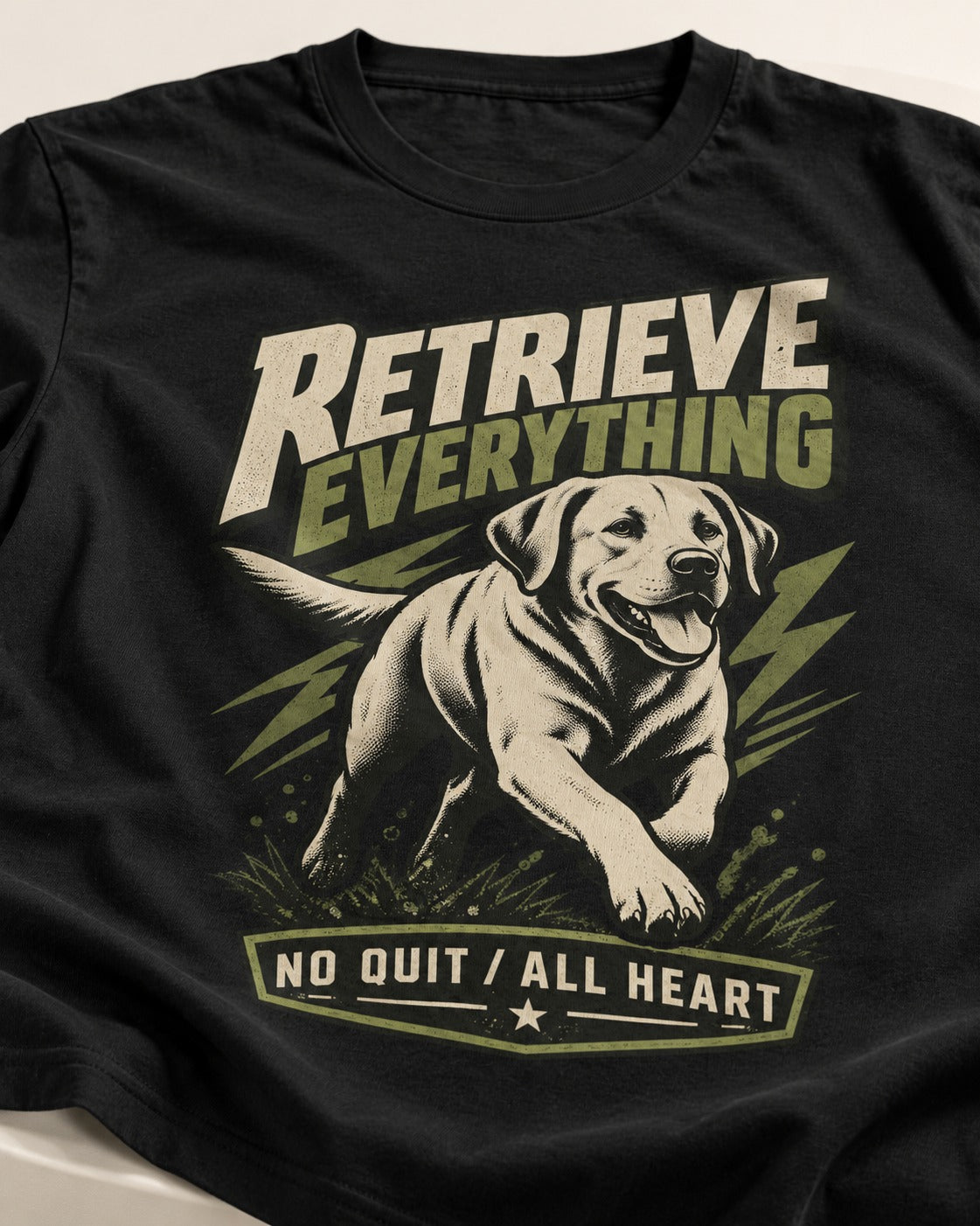 Labrador Retriever Retrieve Everything No Quit All Heart Running Graphic T-Shirt in Black, close-up of the graphic