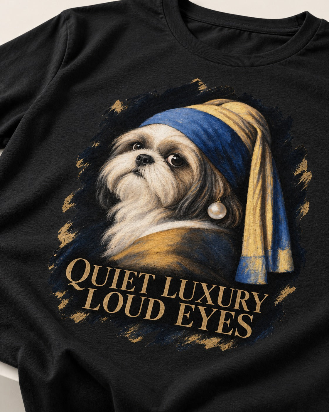 Shih Tzu Quiet Luxury Loud Eyes Pearl Portrait Graphic T-Shirt in Black, close-up of the graphic