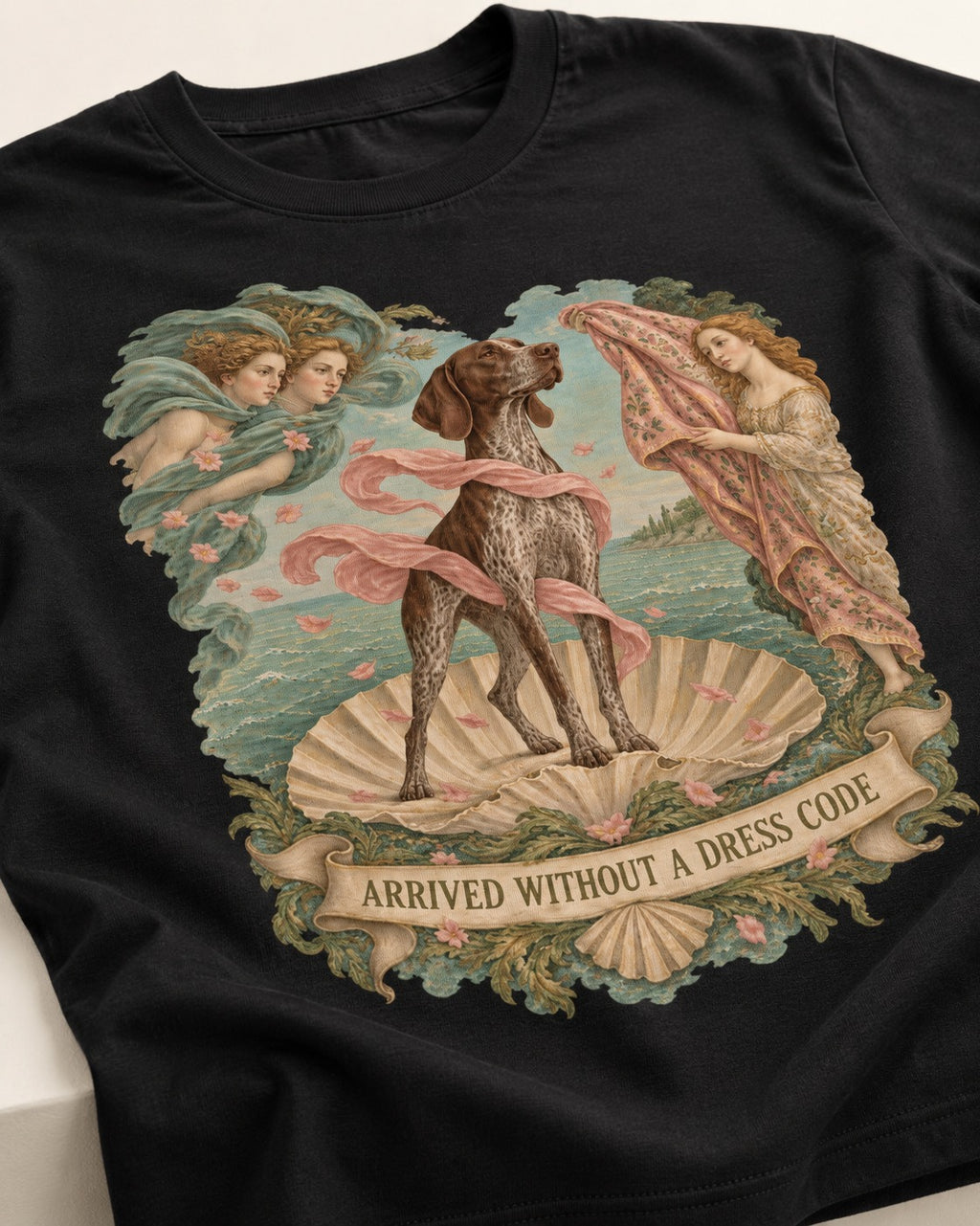 German Shorthaired Pointer Arrived Without A Dress Code Birth Of Venus Graphic T-Shirt in Black, close-up of the graphic