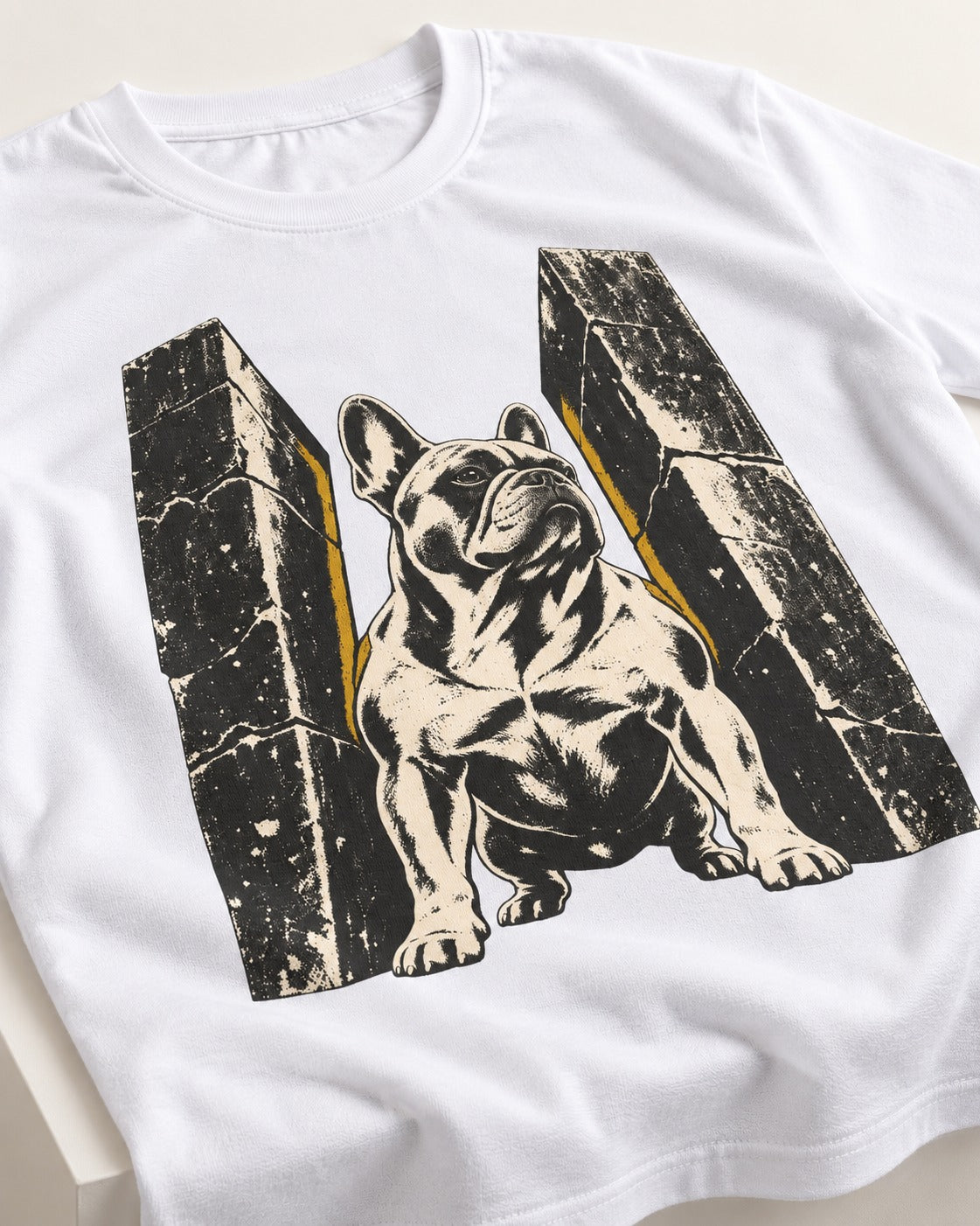 Frenchie Unbreakable T-Shirt in White, close-up of the graphic