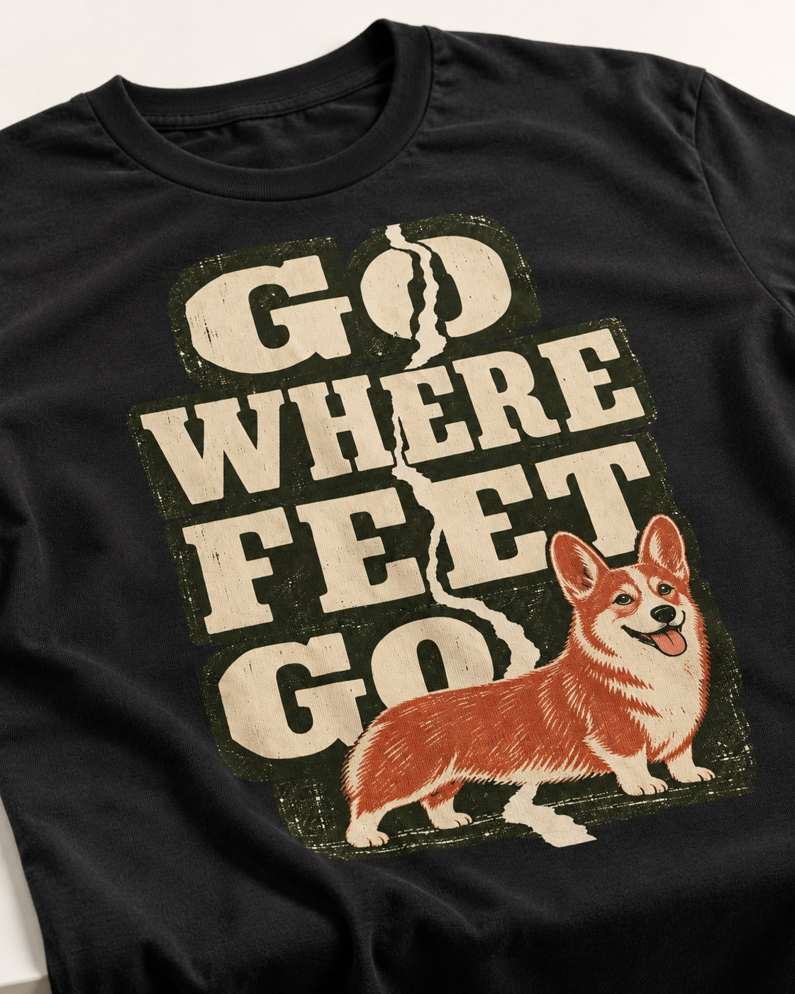 Corgi Go Where Feet Go Path T-Shirt in Black, close-up of the graphic