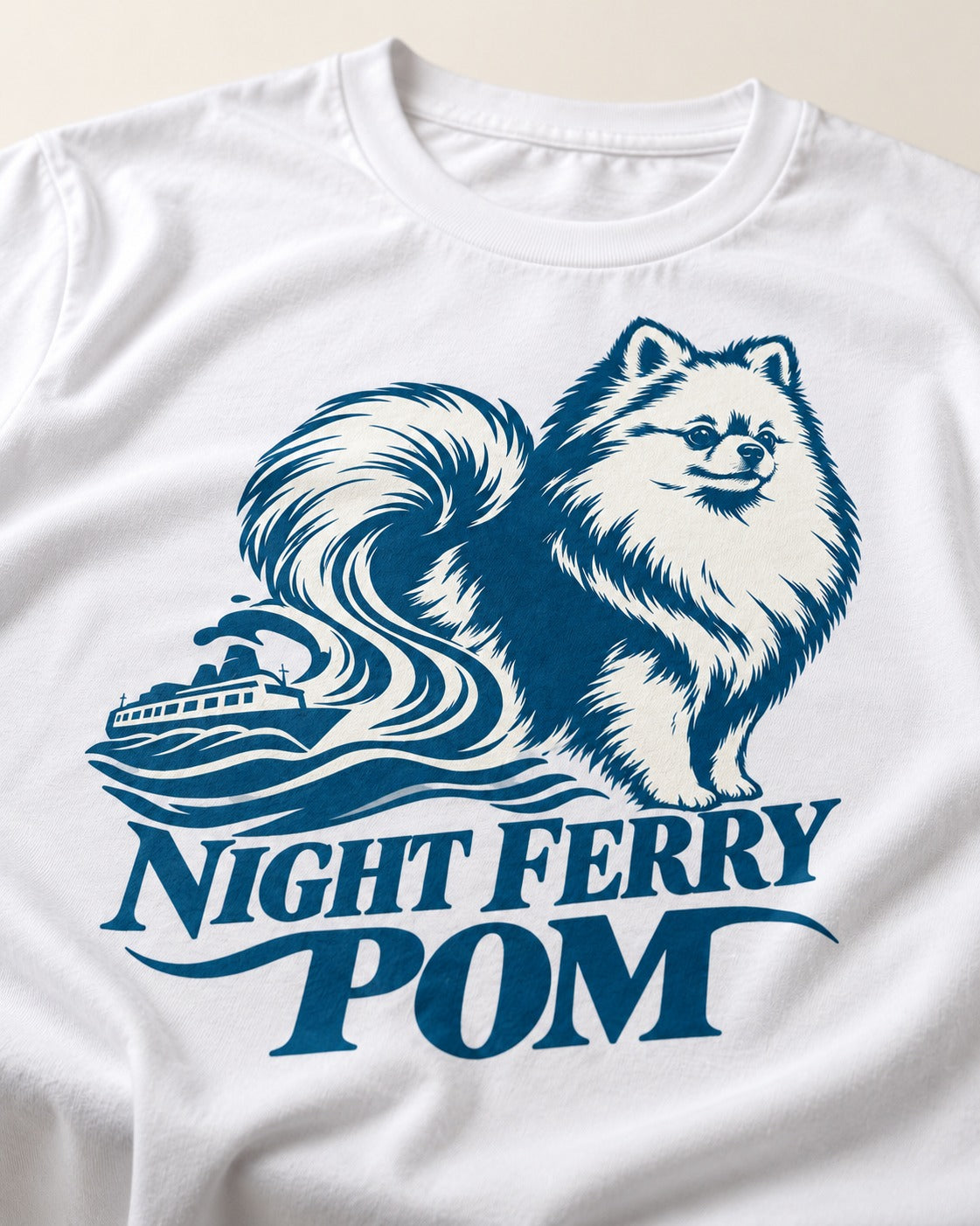 Night Ferry Pomeranian T-Shirt in White, close-up of the graphic