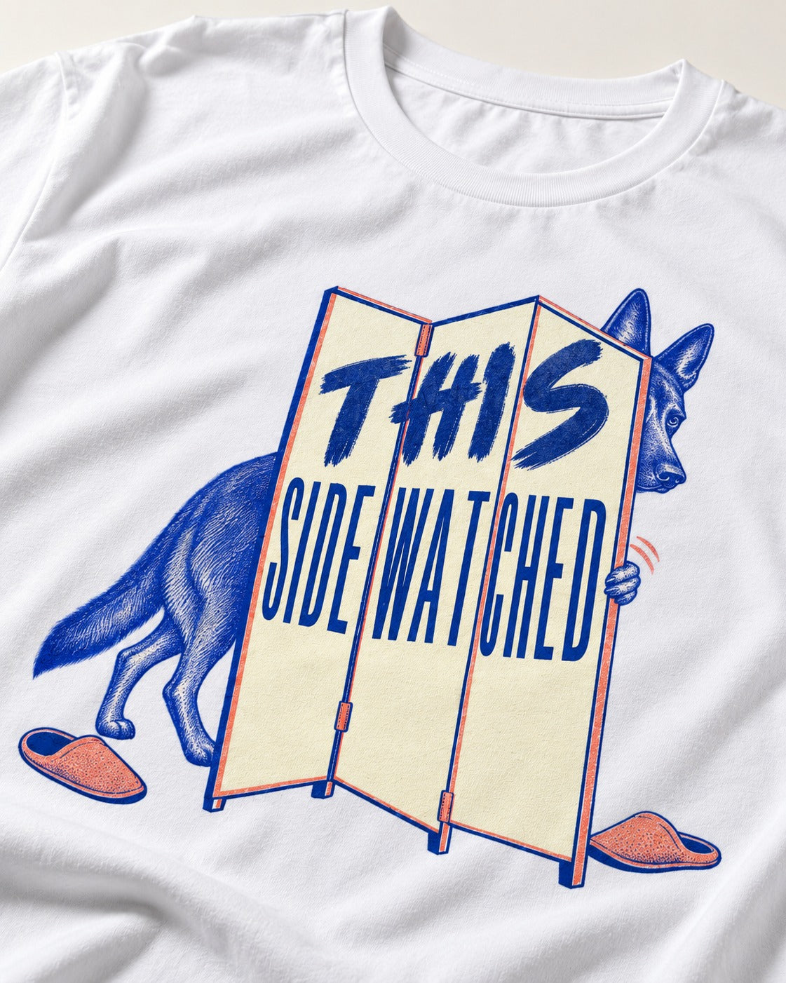 This Side Watched by German Shepherd Dog T-Shirt in White, close-up of the graphic