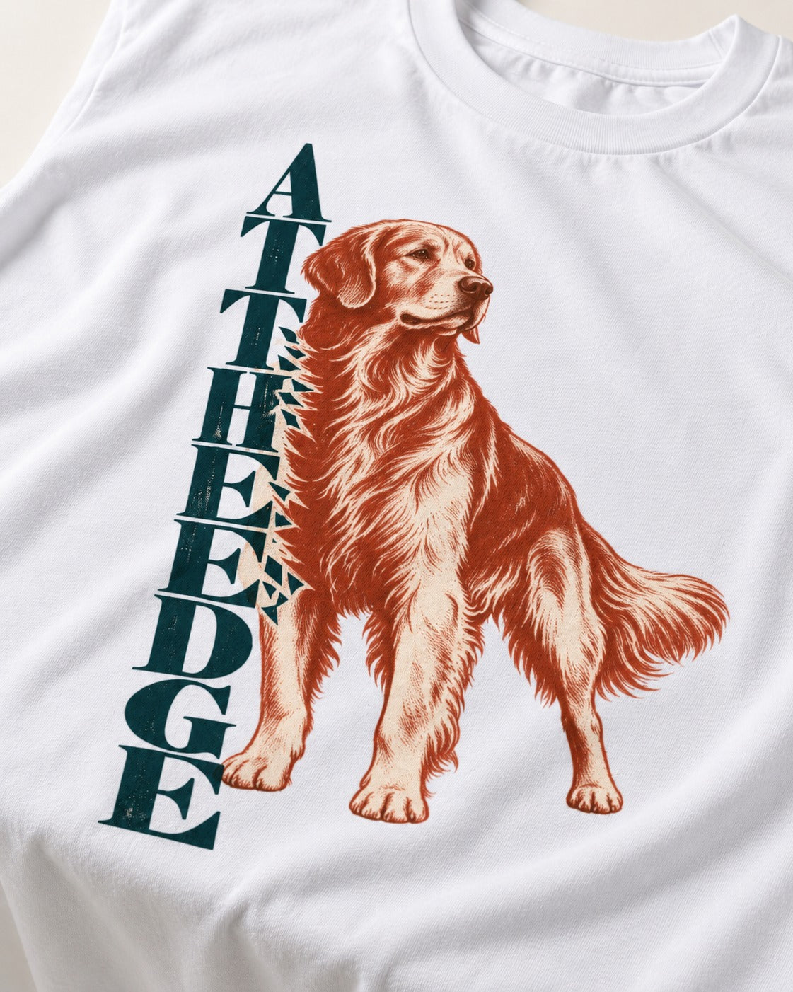 Golden Retriever At the Edge T-Shirt in White, close-up of the graphic