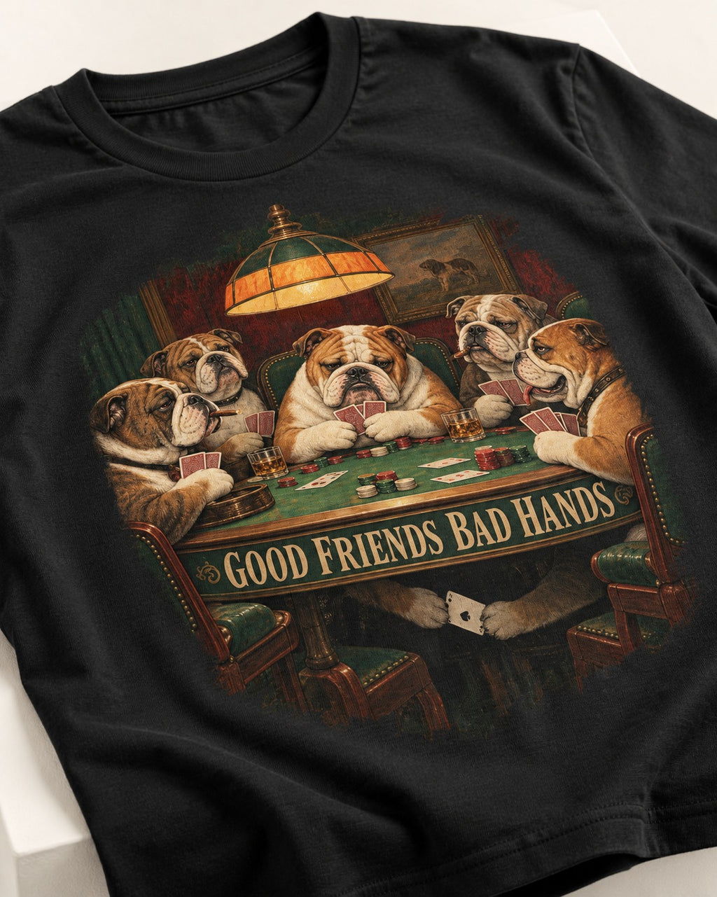 English Bulldog Good Friends Bad Hands Poker Graphic T-Shirt in Black, close-up of the graphic