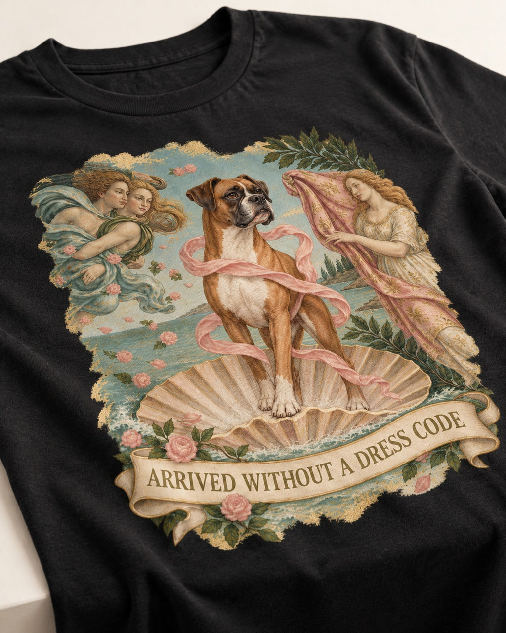 Arrived Without a Dress Code Boxer Classical Collage T-Shirt in Black, close-up of the graphic