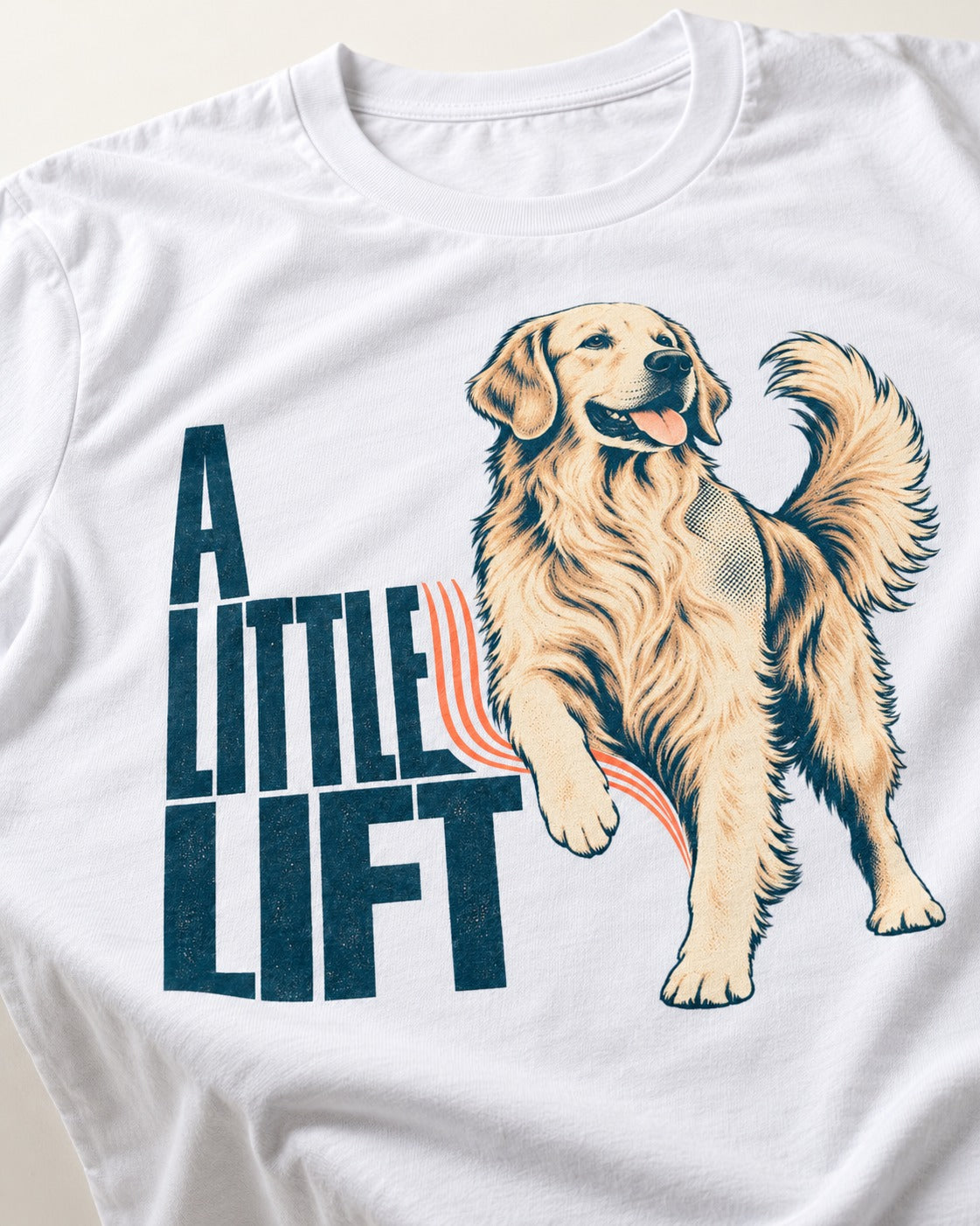 A Little Lift Golden Retriever T-Shirt in White, close-up of the graphic