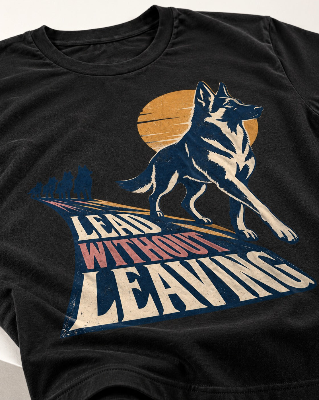 Lead Without Leaving Perspective German Shepherd Dog Graphic T-Shirt in Black, close-up of the graphic