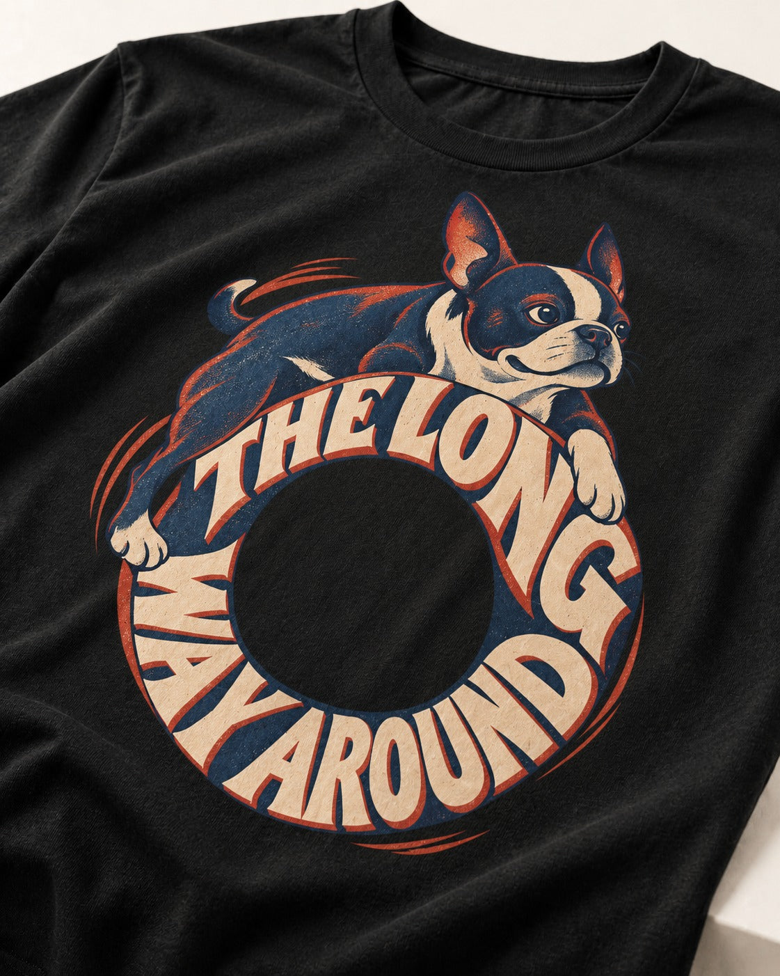 Boston Terrier the Long Way Around T-Shirt in Black, close-up of the graphic