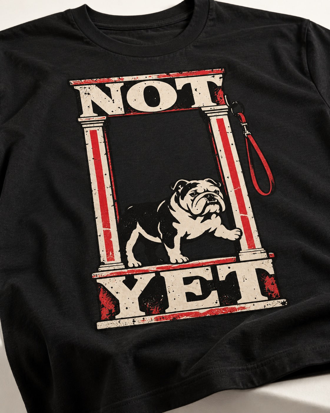English Bulldog Not Yet Doorway Graphic T-Shirt in Black, close-up of the graphic