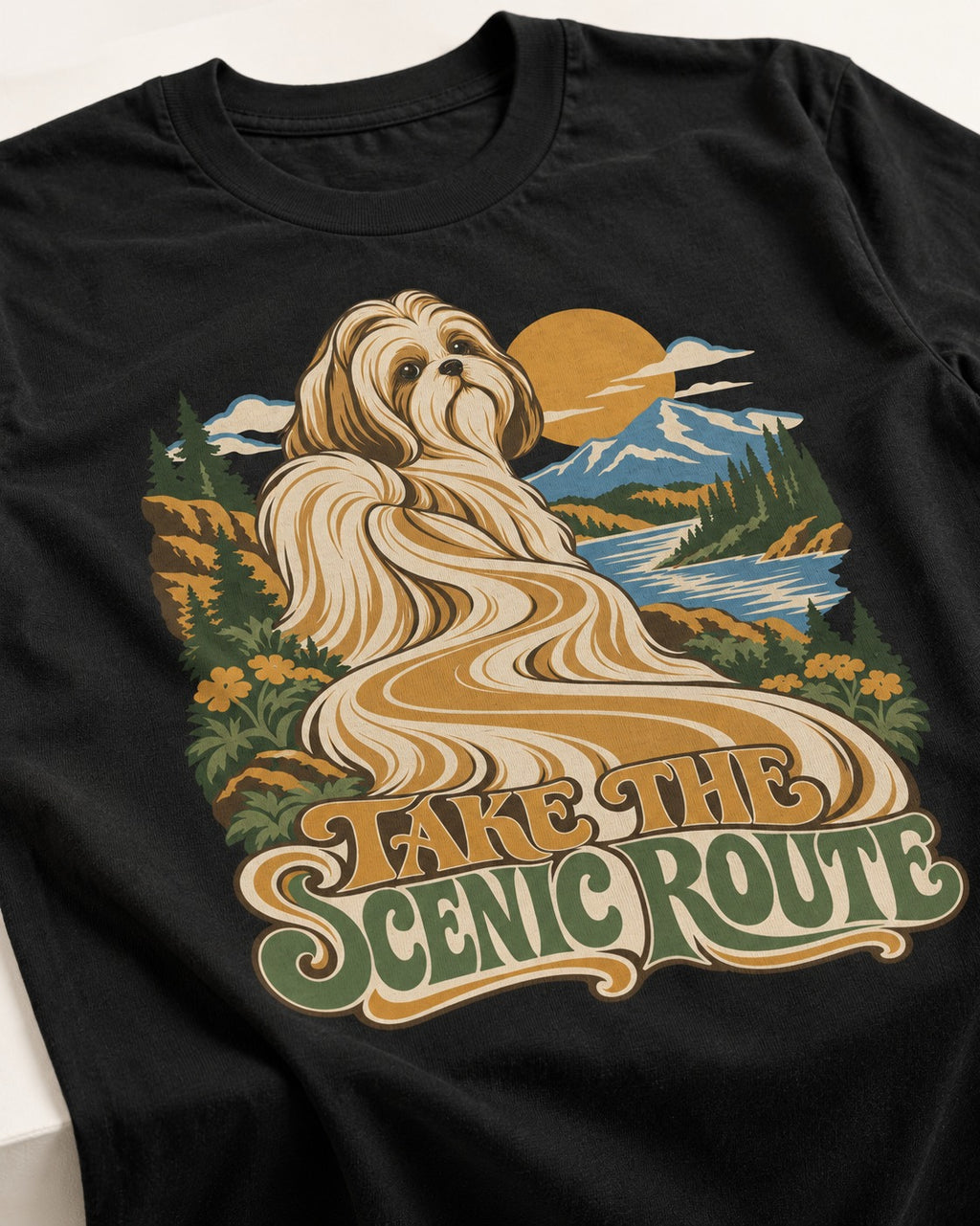 Shih Tzu Take the Scenic Route Mountain Vista Graphic T-Shirt in Black, close-up of the graphic
