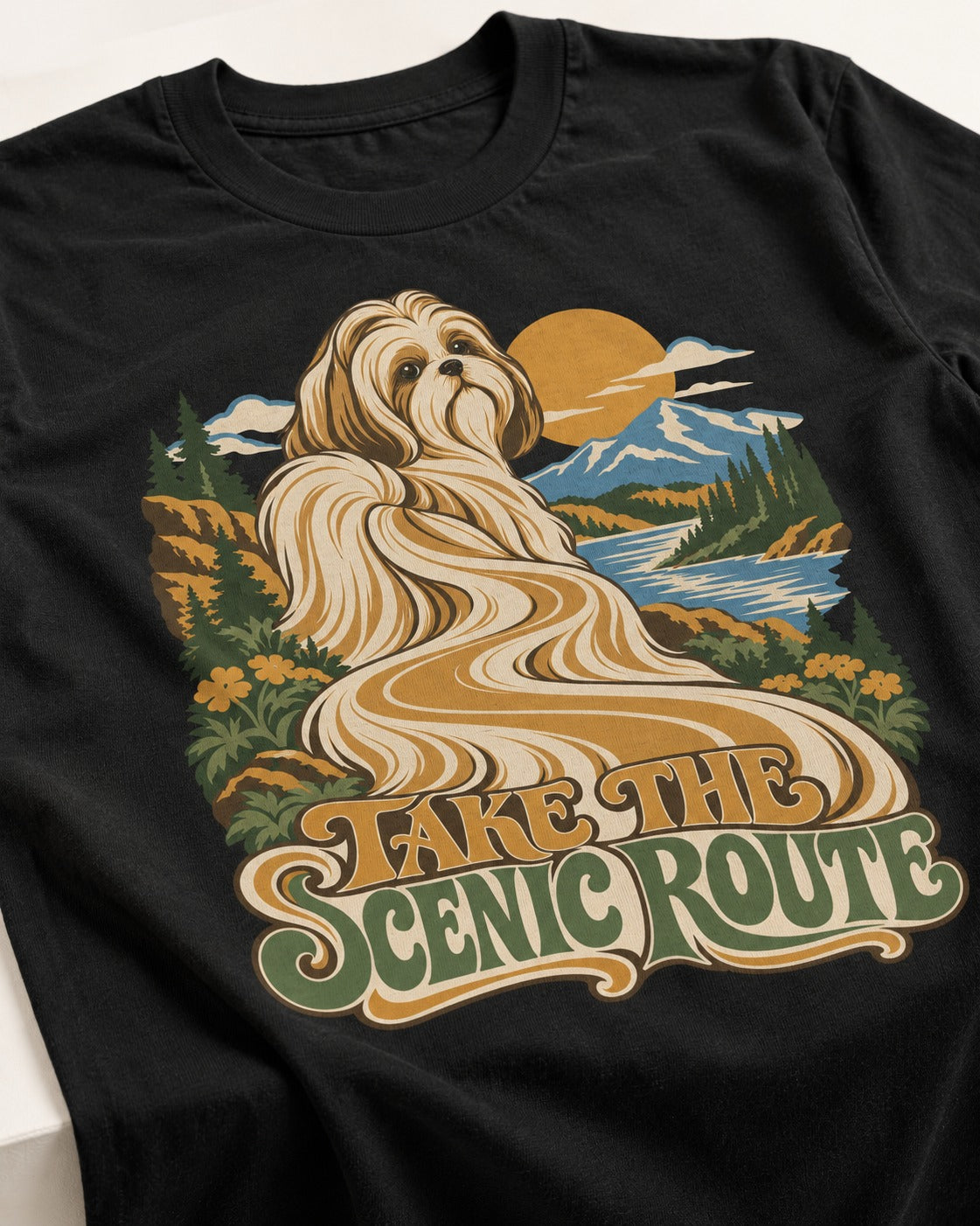 Shih Tzu Take the Scenic Route Mountain Vista Graphic T-Shirt in Black, close-up of the graphic