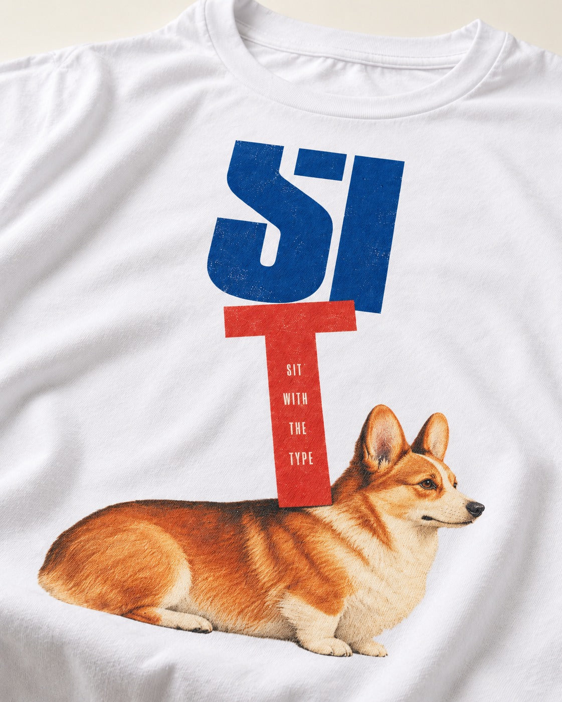 Sit with the Corgi T-Shirt in White, close-up of the graphic