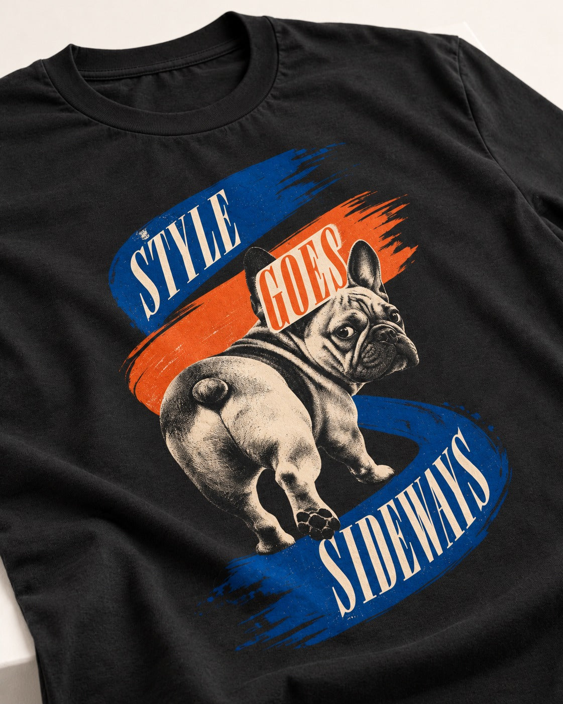 Frenchie Style Goes Sideways Graphic T-Shirt in Black, close-up of the graphic