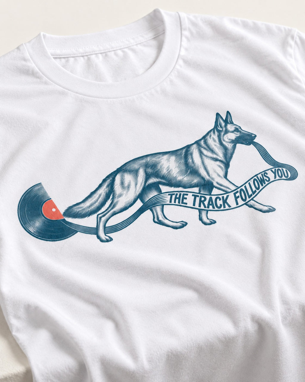 German Shepherd Dog The Track Follows You T-Shirt in White, close-up of the graphic