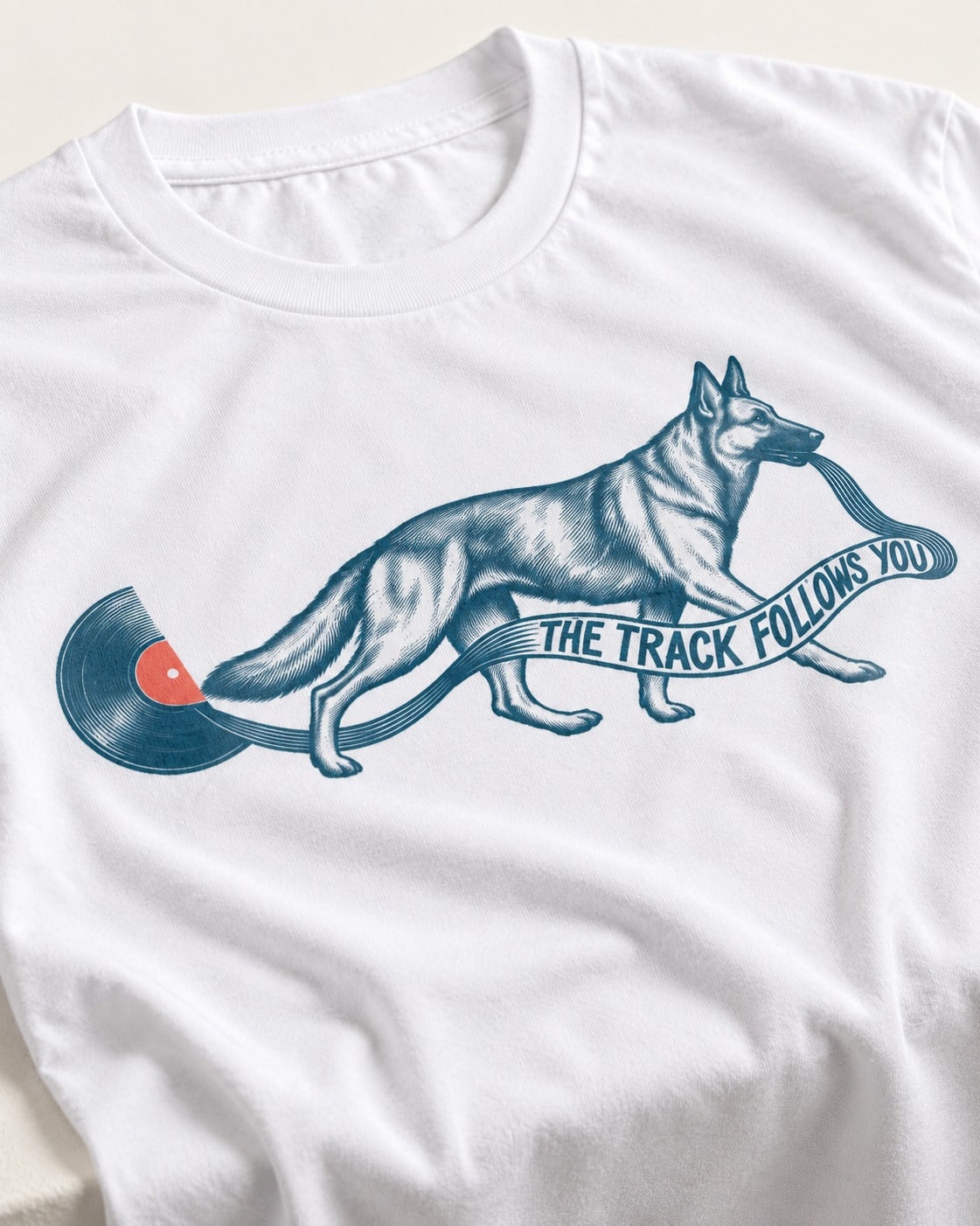 German Shepherd Dog The Track Follows You T-Shirt in White, close-up of the graphic
