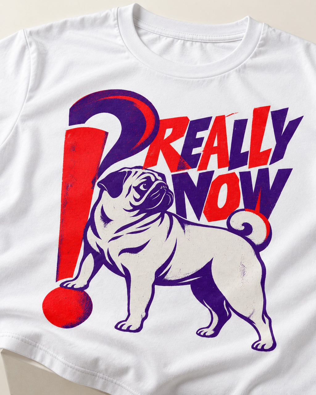 Really Now Pug T-Shirt in White, close-up of the graphic