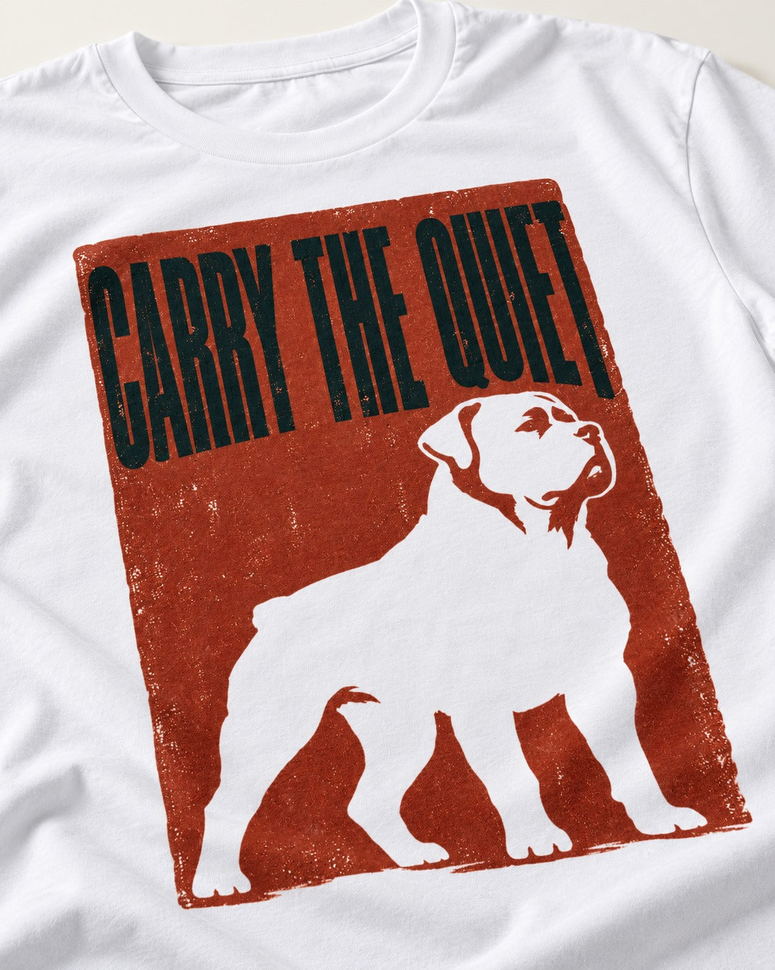 Rottweiler Carry the Quiet T-Shirt in White, close-up of the graphic