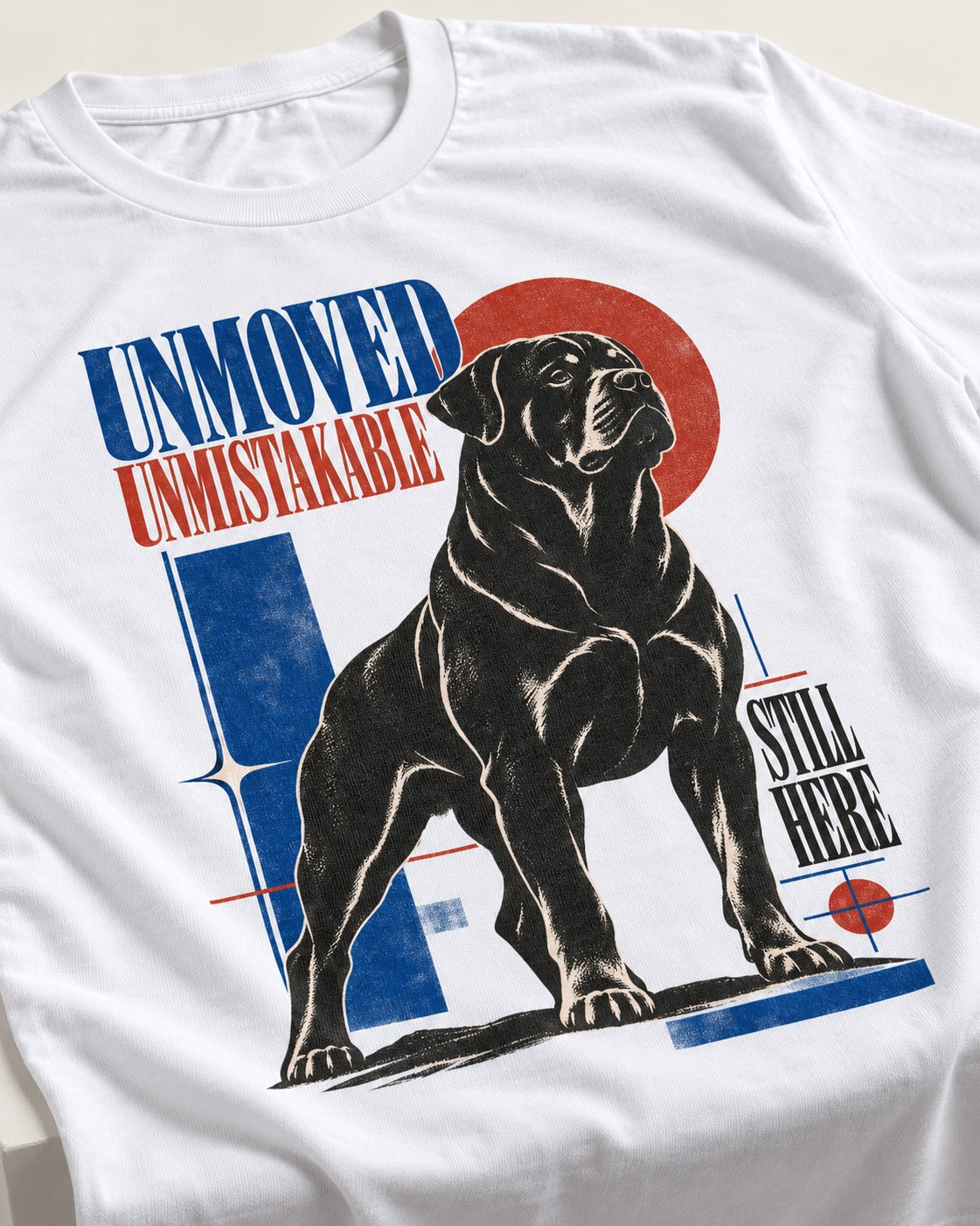 Unmoved Unmistakable Rottweiler T-Shirt in White, close-up of the graphic