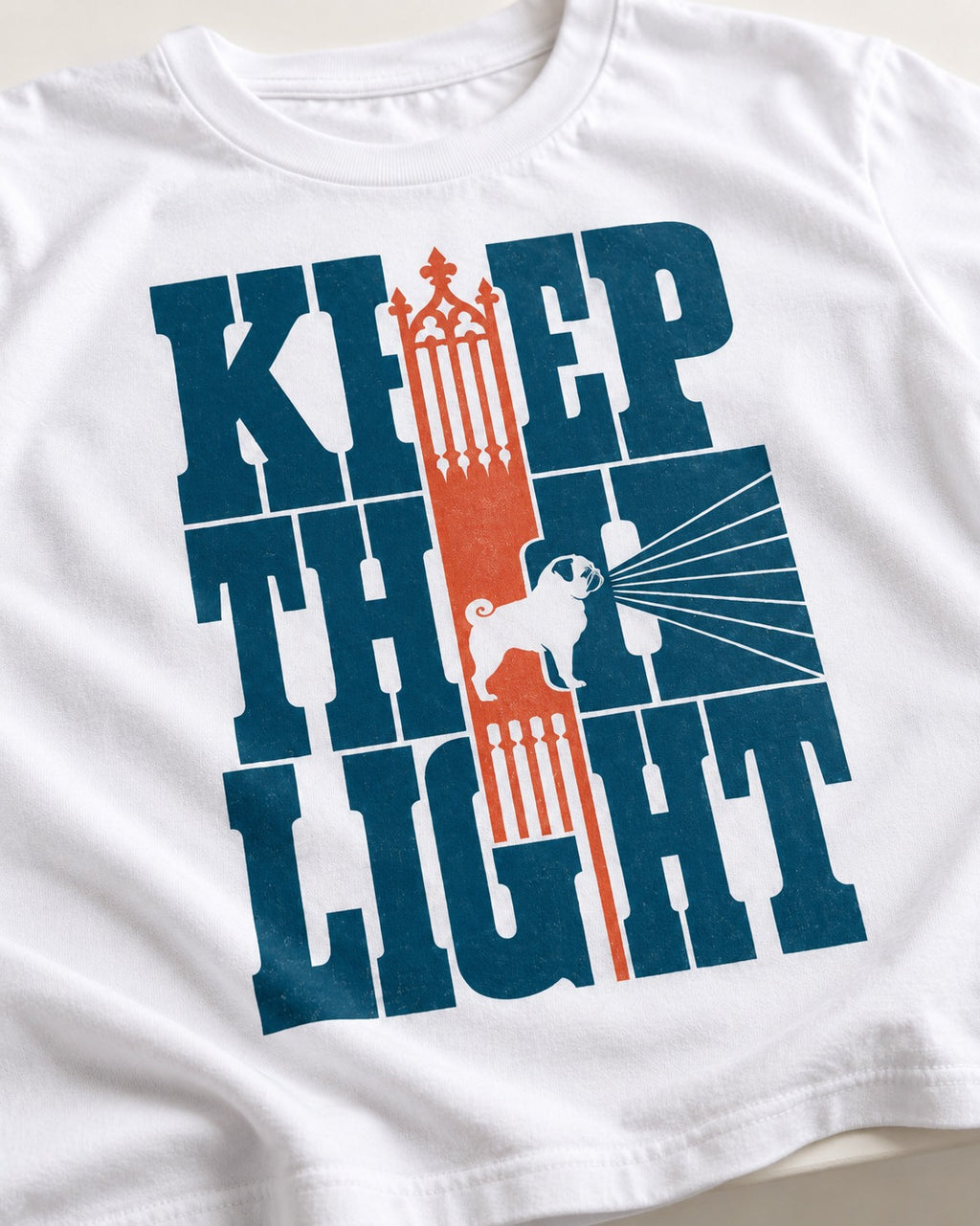 Keep the Pug Fight T-Shirt in White, close-up of the graphic