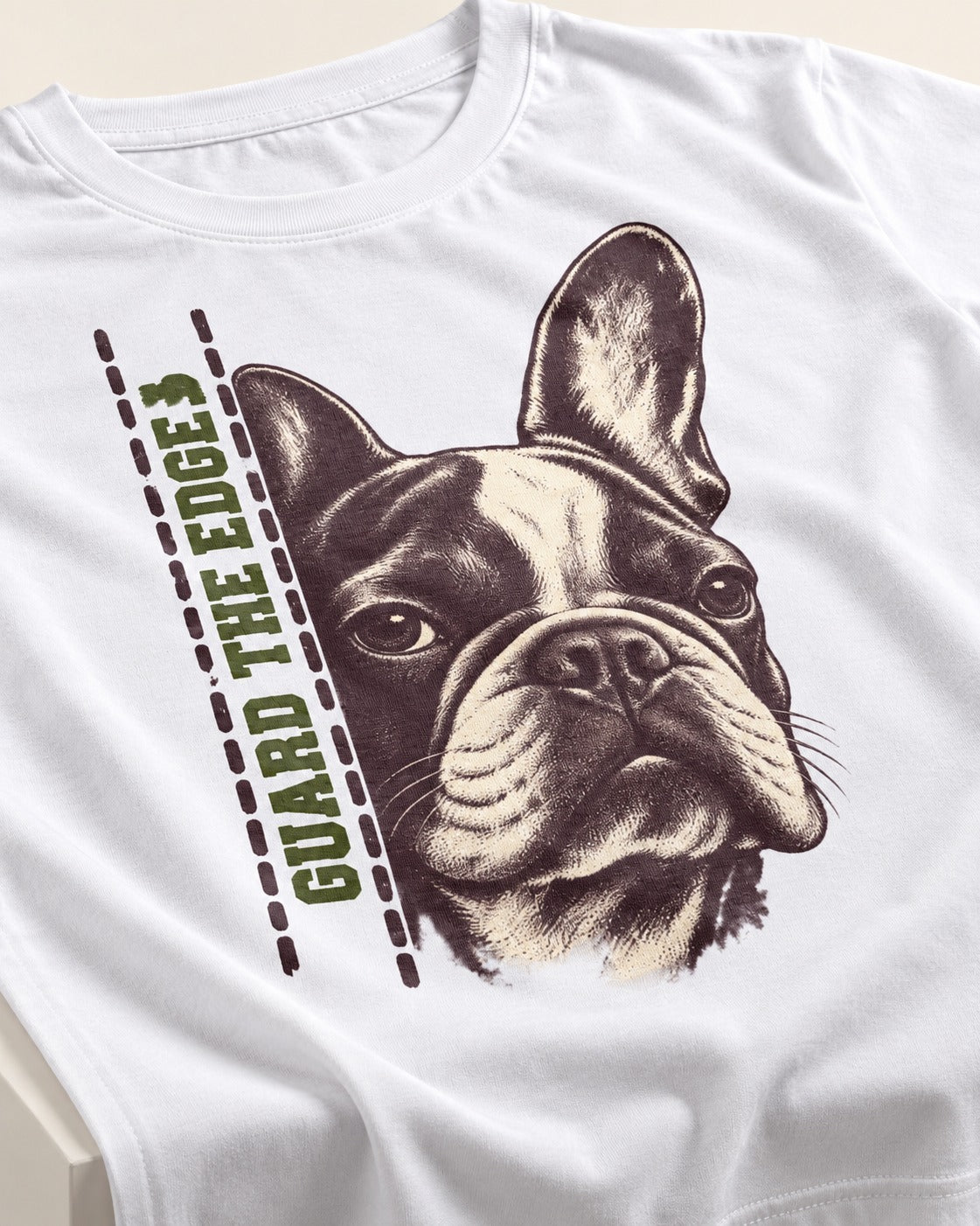 Frenchie Guard the Edge T-Shirt in White, close-up of the graphic