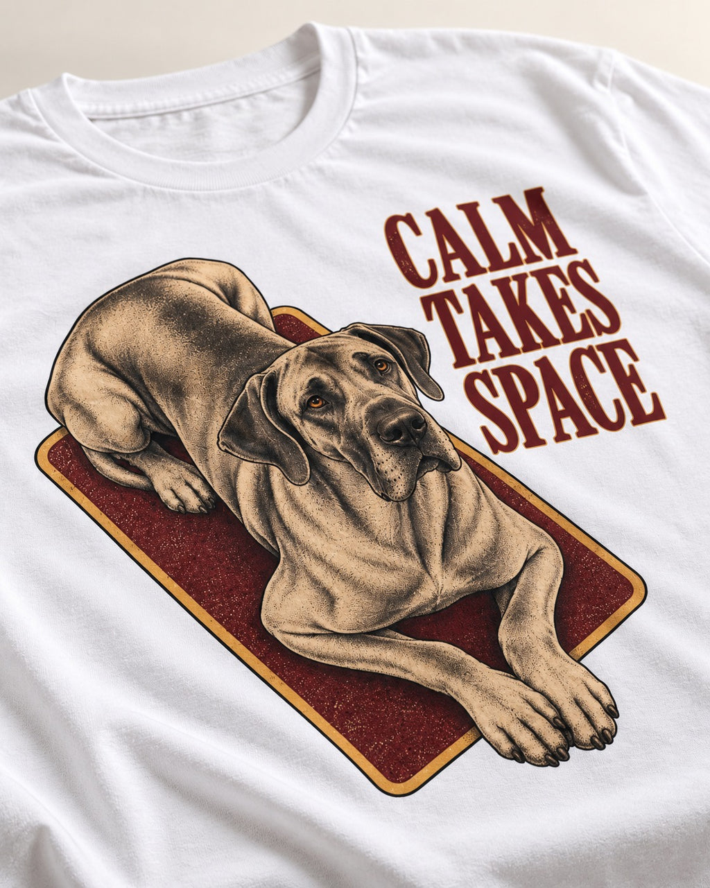 Great Dane Calm Takes Space T-Shirt in White, close-up of the graphic