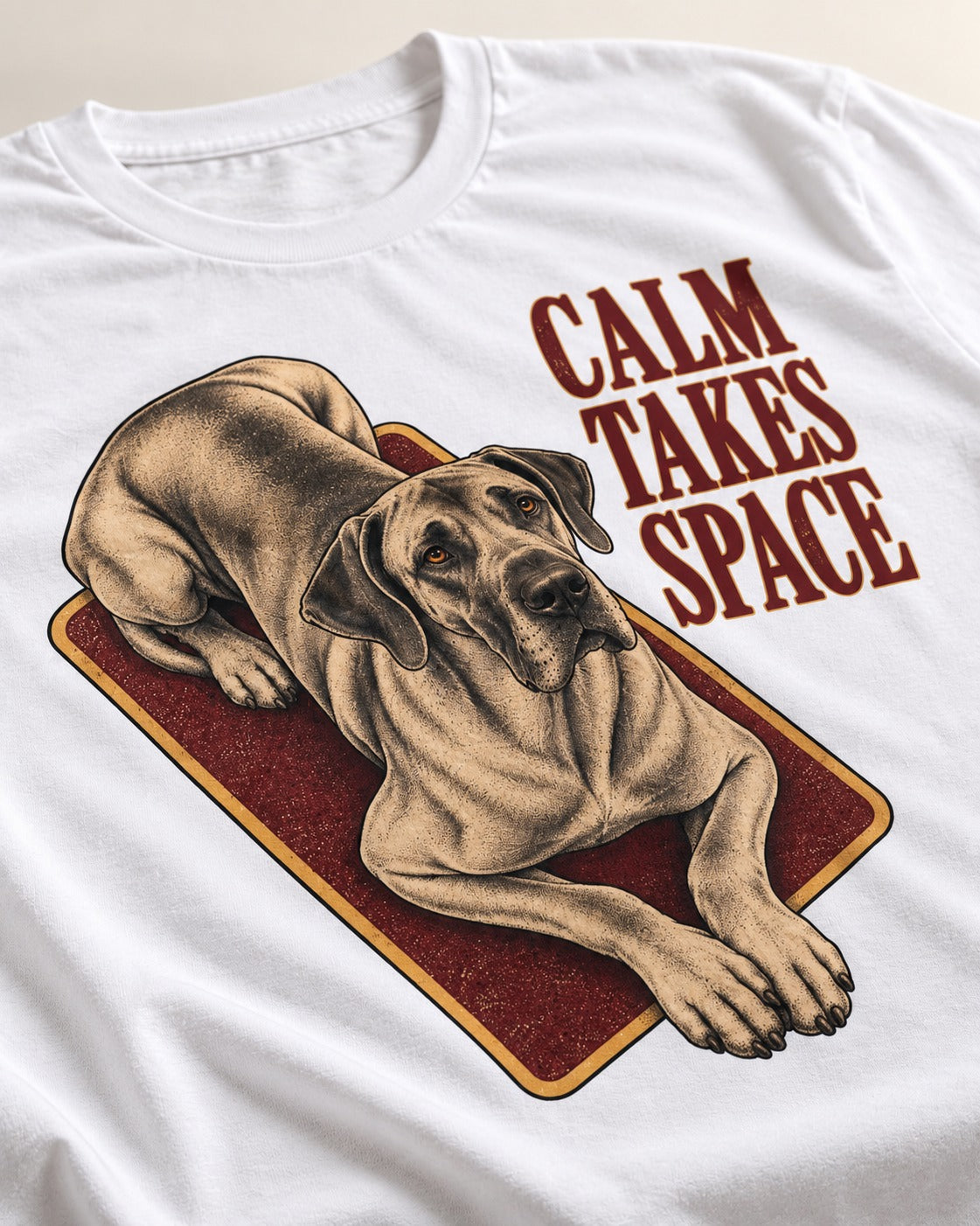 Great Dane Calm Takes Space T-Shirt in White, close-up of the graphic