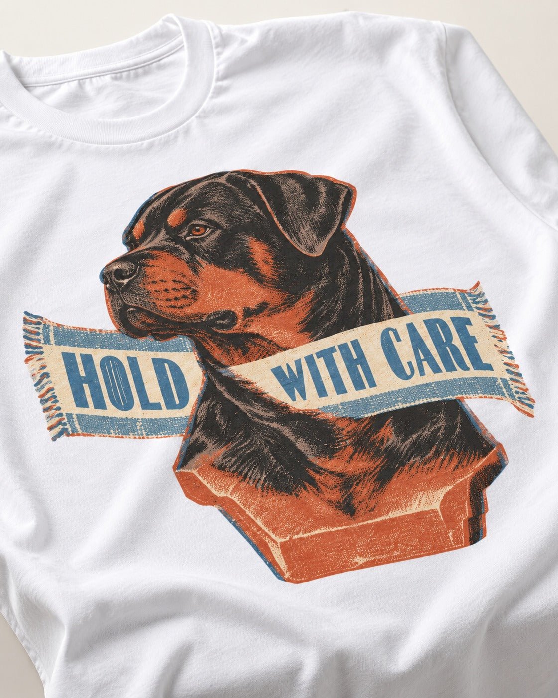 Rottweiler Hold with Care T-Shirt in White, close-up of the graphic