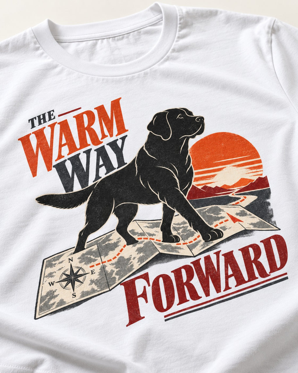 The Warm Way Forward Labrador Retriever T-Shirt in White, close-up of the graphic