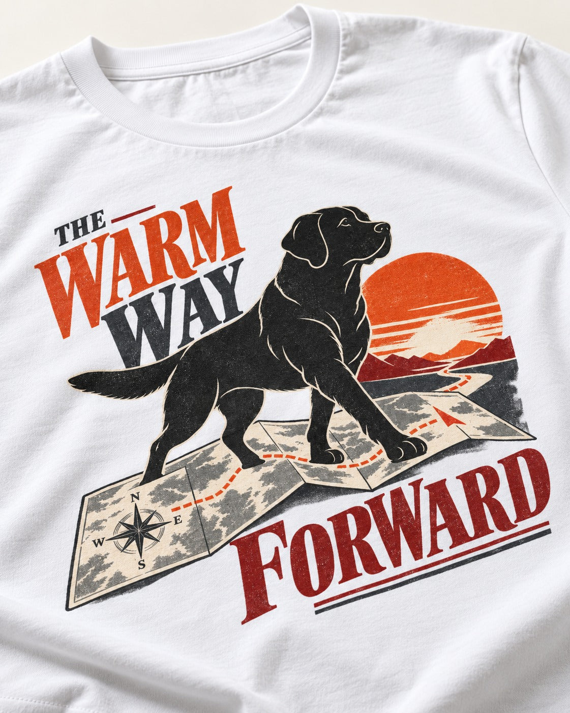 The Warm Way Forward Labrador Retriever T-Shirt in White, close-up of the graphic