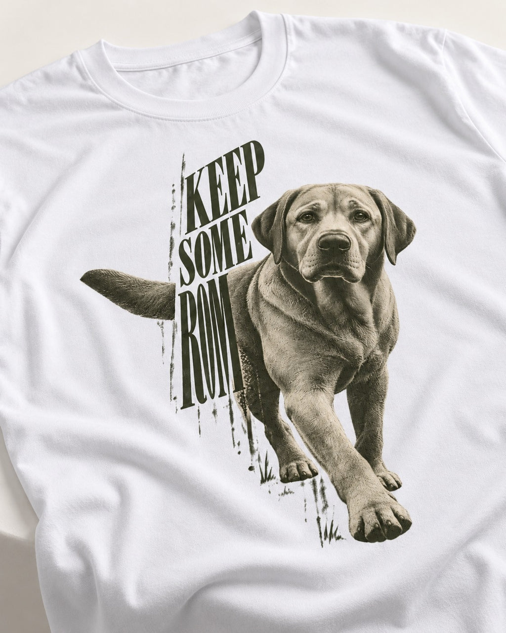 Keep Some Room Labrador Retriever T-Shirt in White, close-up of the graphic