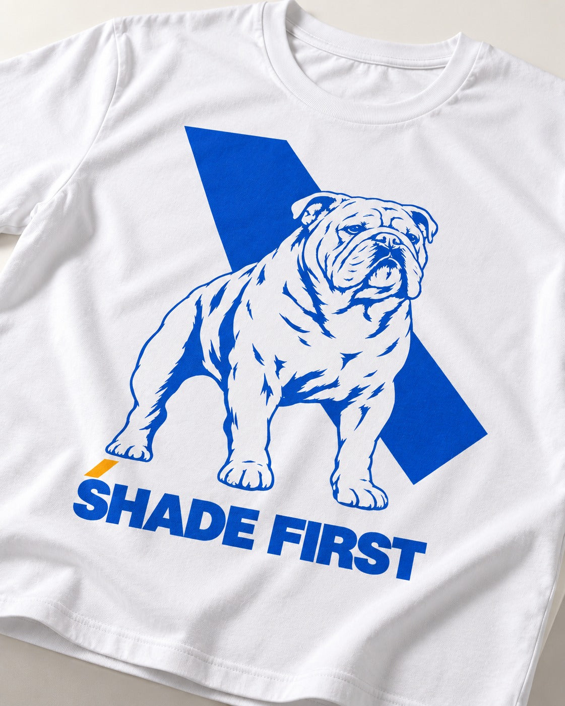 Shade First English Bulldog T-Shirt in White, close-up of the graphic