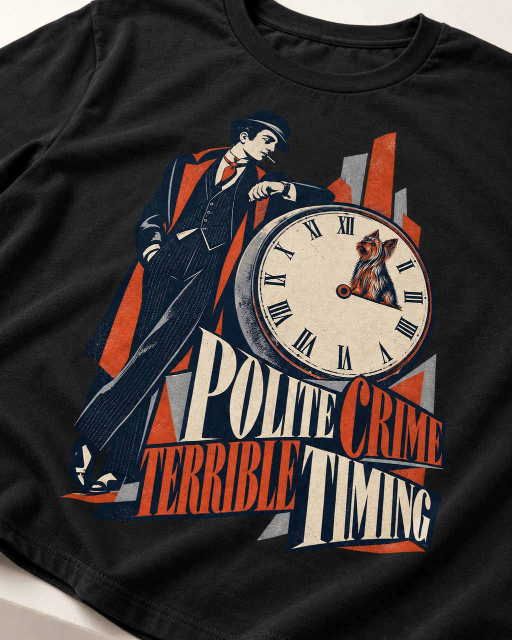 Yorkshire Terrier Polite Crime Terrible Timing Art Deco Clock Graphic T-Shirt in Black, close-up of the graphic