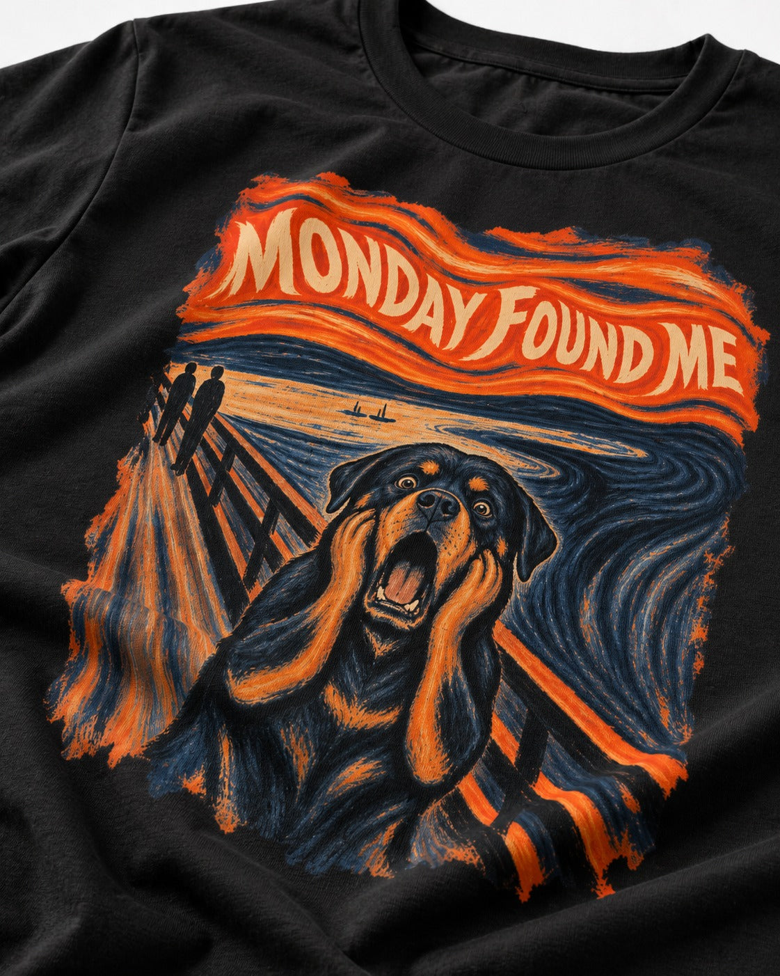 Rottweiler Monday Found Me Scream Parody Graphic T-Shirt in Black, close-up of the graphic