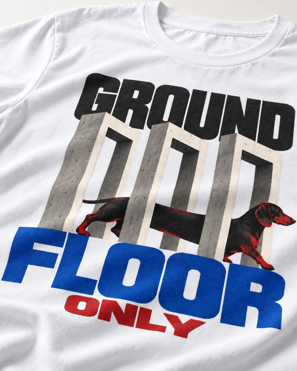 Ground Floor Only Dachshund T-Shirt in White, close-up of the graphic