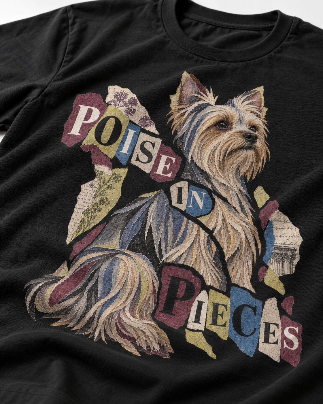 Yorkshire Terrier Poise in Pieces Torn Paper Collage Graphic T-Shirt in Black, close-up of the graphic