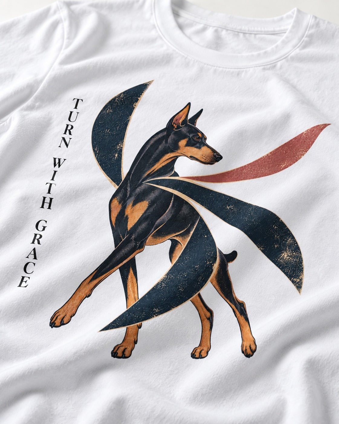 Turn with Doberman Grace T-Shirt in White, close-up of the graphic