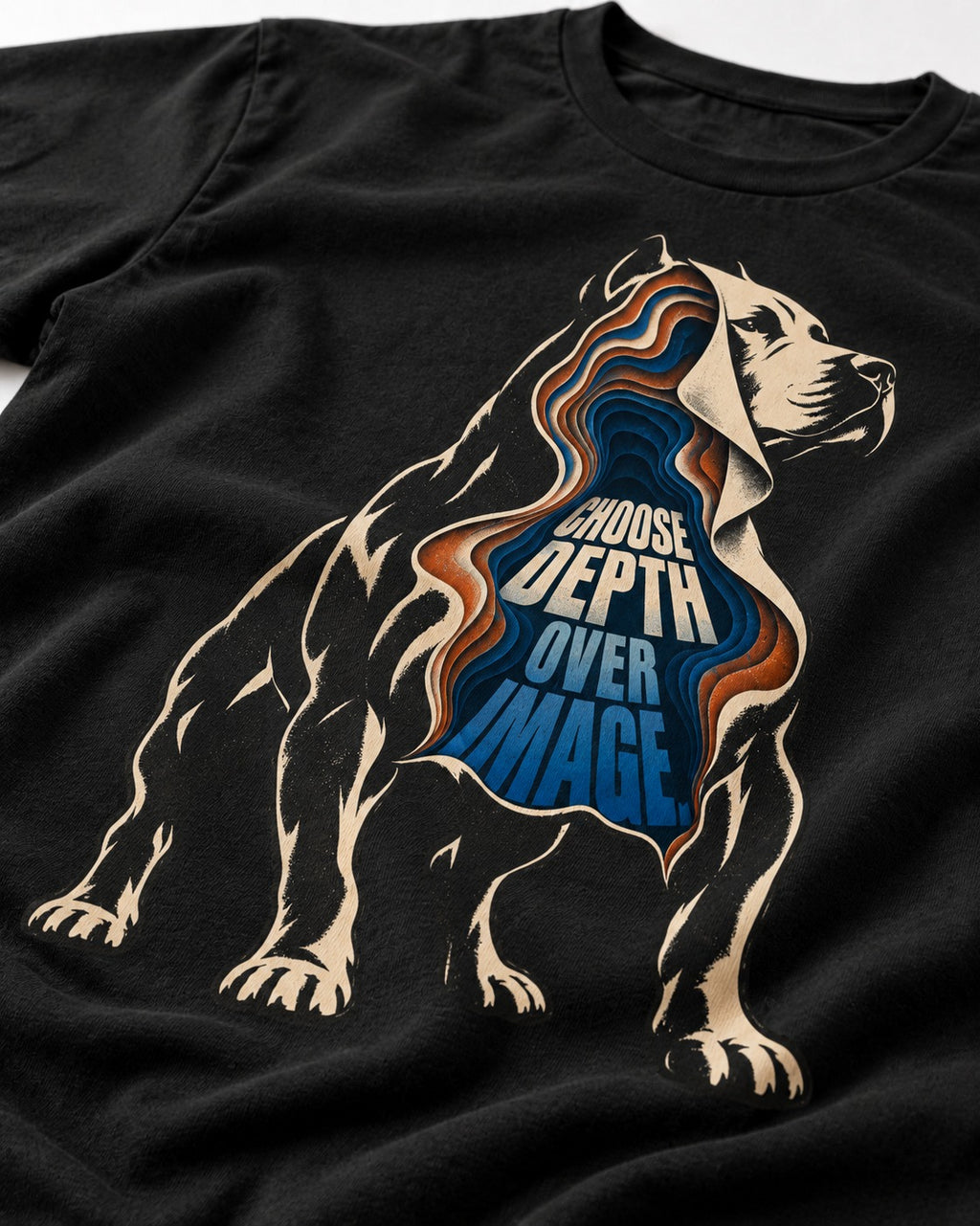 Pitbull Choose Depth Over Image Layered Cutaway Graphic T-Shirt in Black, close-up of the graphic