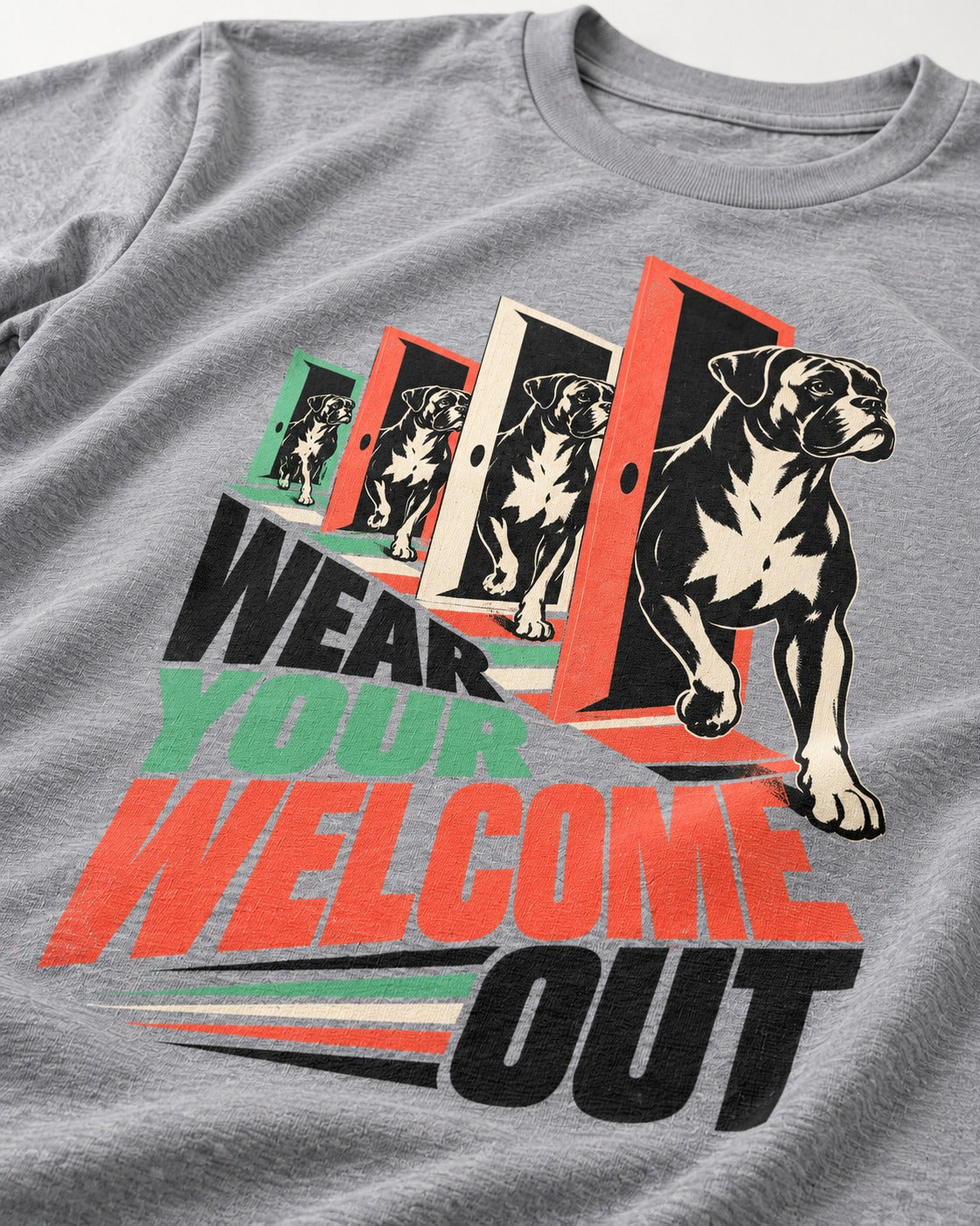 Wear Your Welcome Out Boxer Doorway Progression Graphic T-Shirt in Sport Grey, close-up of the graphic