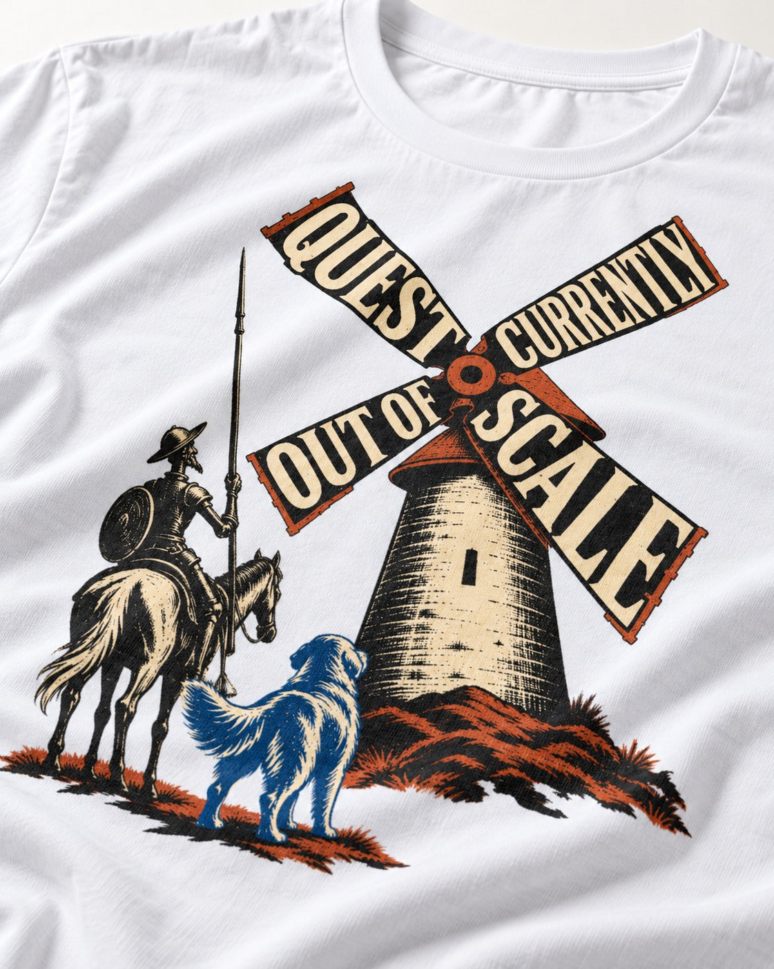 Golden Retriever Quest Out of Scale T-Shirt in White, close-up of the graphic