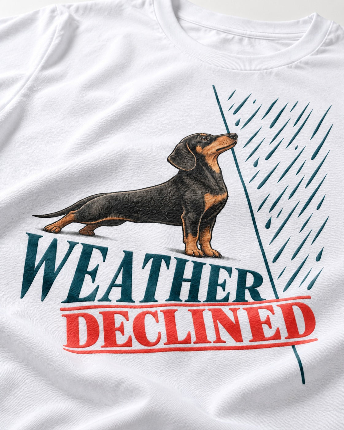 Weather Declined by Dachshund T-Shirt in White, close-up of the graphic