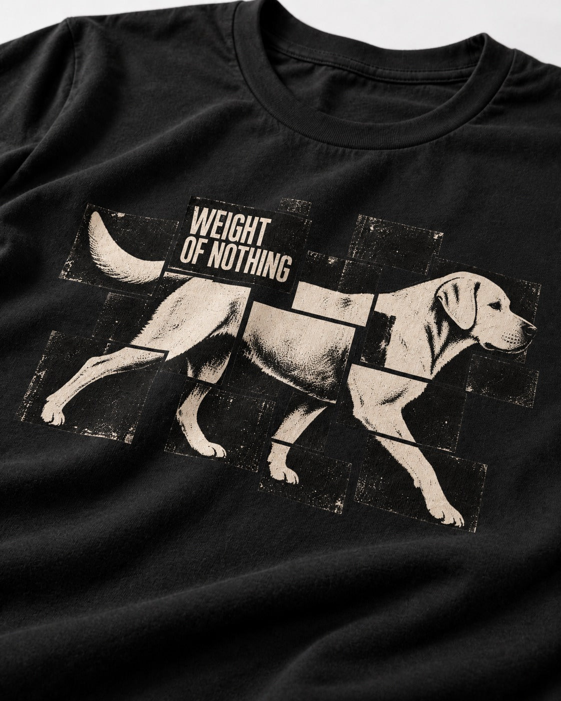 Labrador Retriever Weight of Nothing Fragmented Tile Graphic T-Shirt in Black, close-up of the graphic