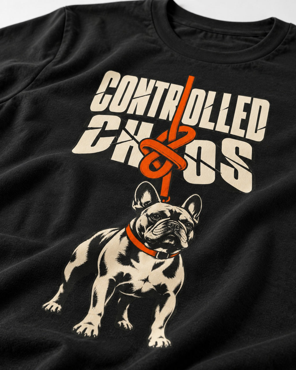Frenchie Controlled Chaos Leash Knot Graphic T-Shirt in Black, close-up of the graphic